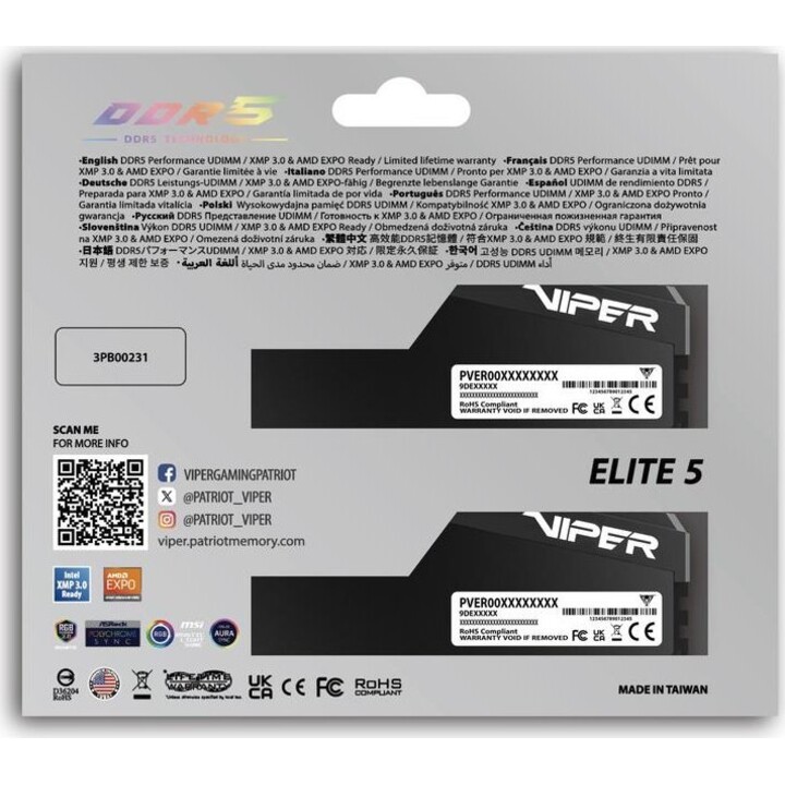 Patriot DDR5 PC6000 32Go, 2 x 16, Viper Elite 5 Ultra RGB CL28 (VEUR532G6028K)