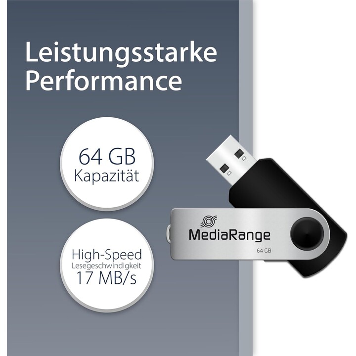 Memoria USB MediaRange Flexi 64GB MR912 15MB/s USB 2.0 Negro / Plata