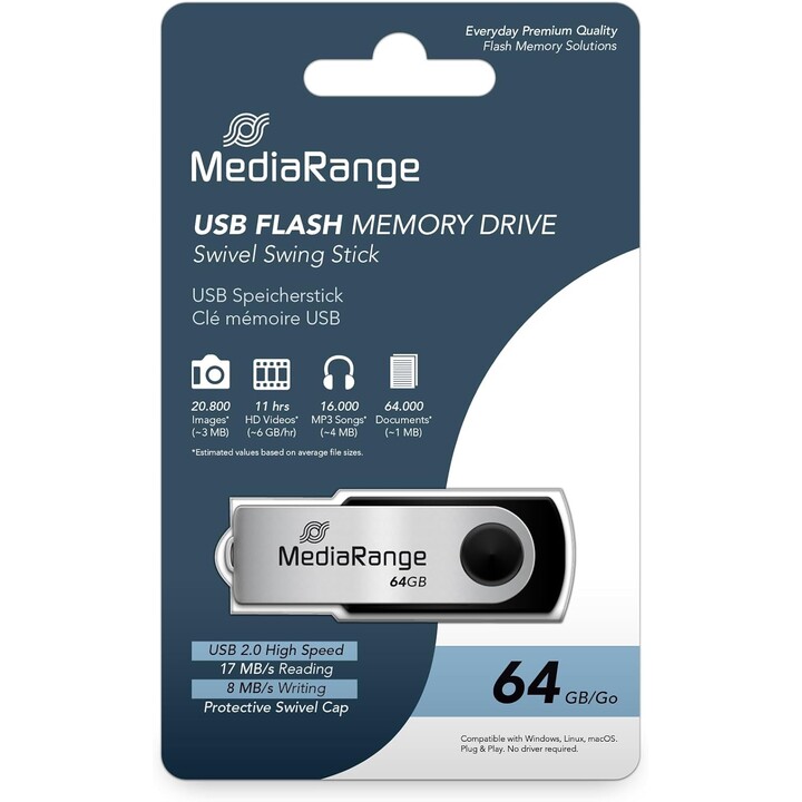 Memoria USB MediaRange Flexi 64GB MR912 15MB/s USB 2.0 Nero / Argento