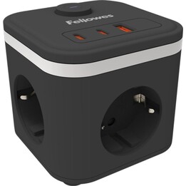 Regleta con Interruptor Fellowes/ 3 Tomas de corriente/ 1 USB - 2 USB Tipo-C/ Cable 2m/ Negra