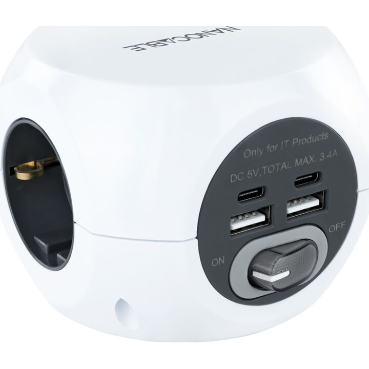Socle avec 3 fiches Nanocable 10.37.0001/ 4 prises USB