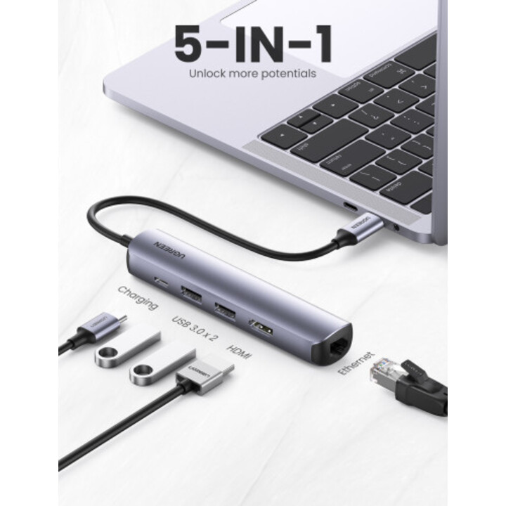Station d´accueil pour ordinateur portable Ugreen 10919 et réplicateur de ports USB 3.2 Gen 1 (3.1 Gen 1) Type-C filaire, gr