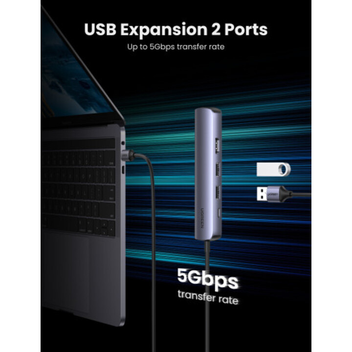 Station d´accueil pour ordinateur portable Ugreen 10919 et réplicateur de ports USB 3.2 Gen 1 (3.1 Gen 1) Type-C filaire, gr