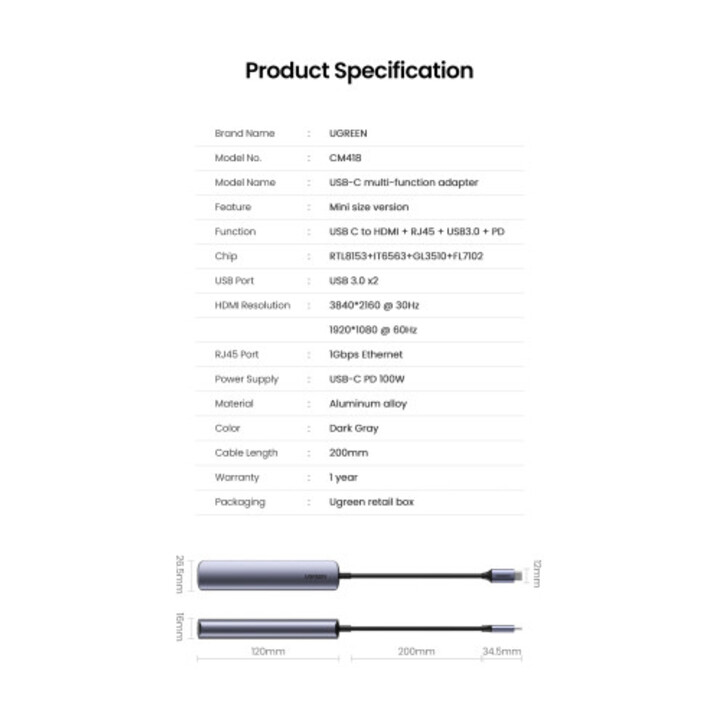 Station d´accueil pour ordinateur portable Ugreen 10919 et réplicateur de ports USB 3.2 Gen 1 (3.1 Gen 1) Type-C filaire, gr