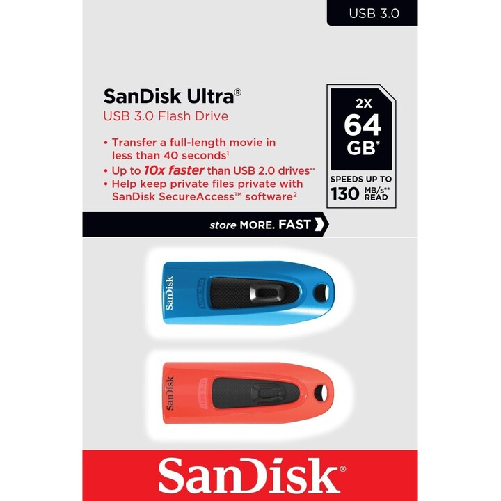 SanDisk Ultra Pen Drive 2-Pack clés USB 64 Go USB 3.2 Gen 1 Bleu/Rouge