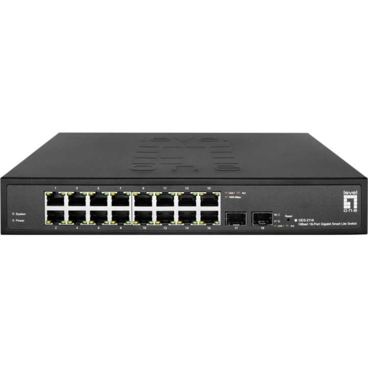 LevelOne Hilbert GES-2118 Switch inteligente Lite Gigabit de 18 portas, 16 Gigabit RJ45, 2 Gigabit SFP