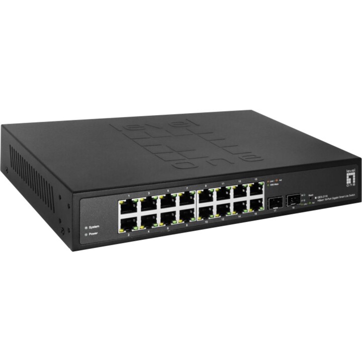 LevelOne Hilbert GES-2118 Switch inteligente Lite Gigabit de 18 portas, 16 Gigabit RJ45, 2 Gigabit SFP