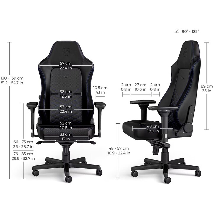 Noblechairs HERO PU Preto/Azul Cadeira para jogos em PU Apoios de braços 4D 150kg 125° de reclinação Base em alumínio Apoio lomb