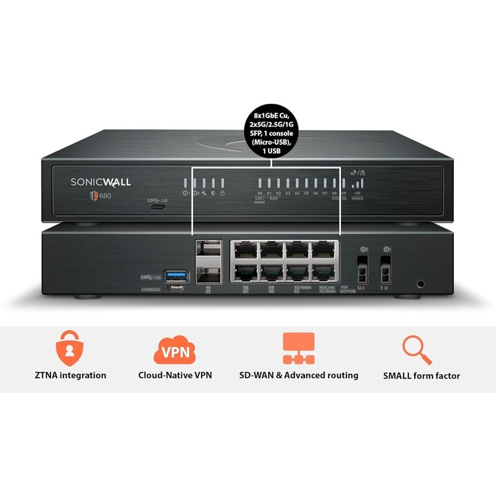 Cortafuegos SonicWall TZ680 03-SSC-7003 Gen8 8x1GbE 2x10G SFP 5Gbps FW 3Gbps IPS 2,5Gbps VPN