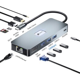 Leotec LEDS03 estación Docking 11 en 1 Plus USB-C PD 100W / HDMI 4K / VGA / DP / USB 3.2 / RJ 45 / MSD