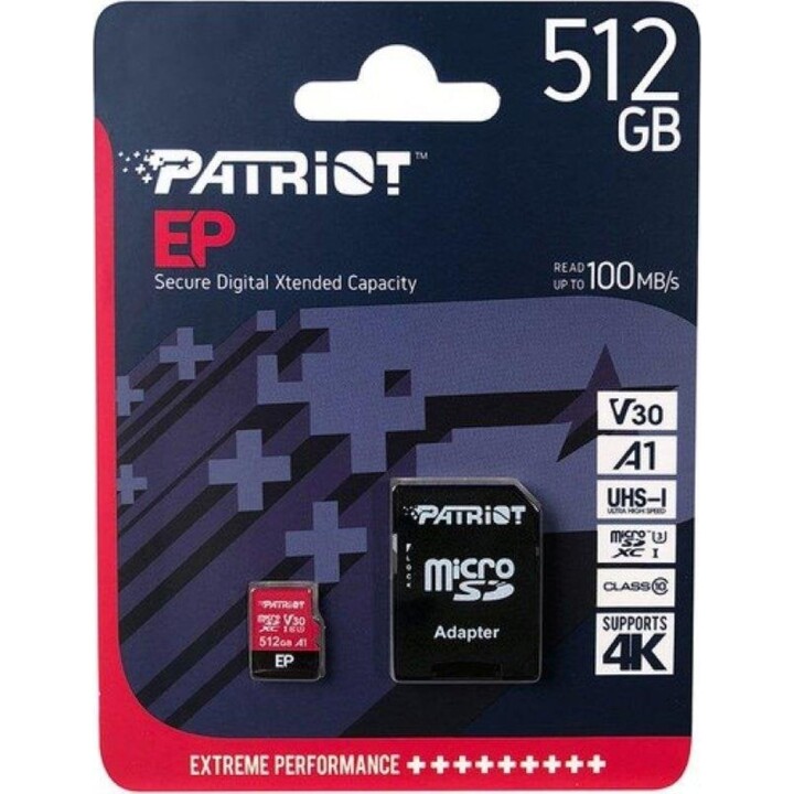 Tarjeta microSDXC Patriot EP V30 A1 512 GB 90MB/s Clase 10 U3 V30 con adaptador SD