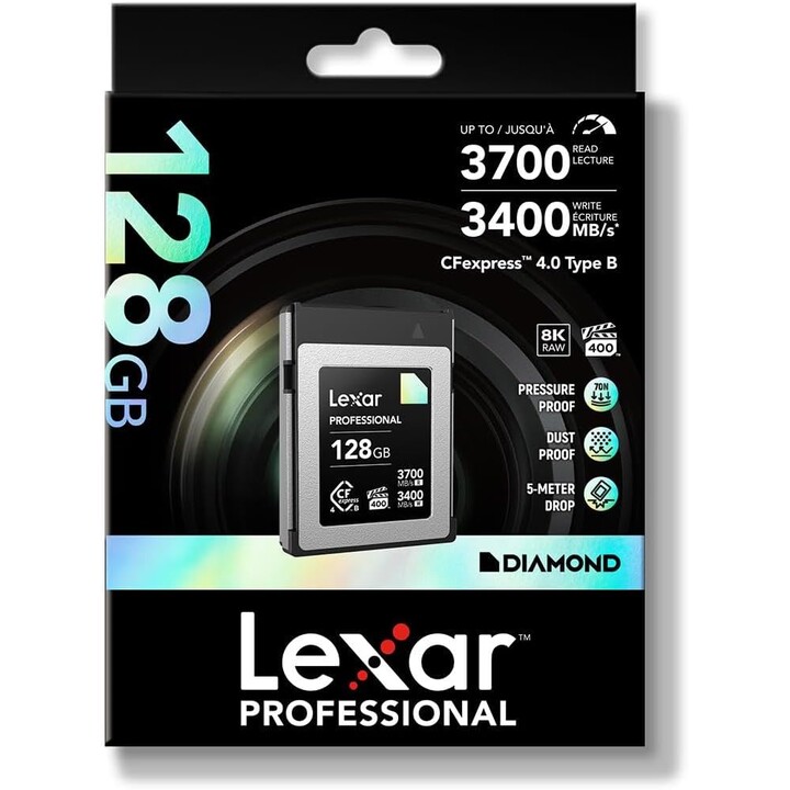 Scheda Lexar Professional CFexpress 4.0 Type-B da 128GB, velocità di lettura fino a 3700 MB/s, scrittura fino a 3400 MB/s. Vpg 