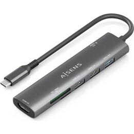 AISENS ASUC-7P025-GR Station d'accueil USB-C 7-en-1 HDMI/USB3.0/PD100W SD, Lecteur MicroSD, 15cm, Gris