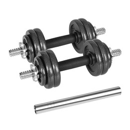 Haltères réglables REBEL ACTIVE de 15 kg avec barre, livrées dans un étui.