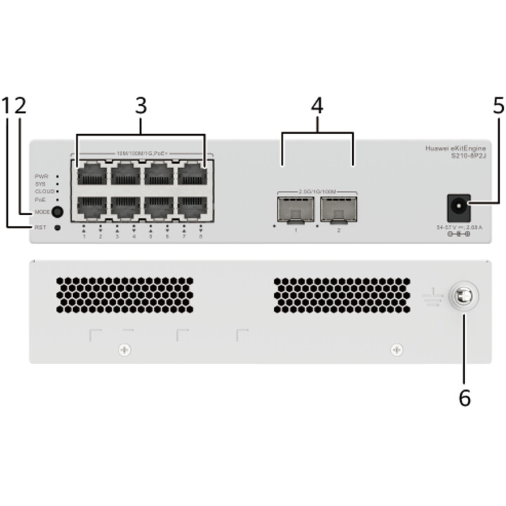 Huawei S210-8p2j (8 x 10/100/1000base-t-Anschlüsse (128 W PoE+), 2 x 2,5-GE-SFP-Anschlüsse, mit 1 x 220-V-Netzteil, lüfterlos)