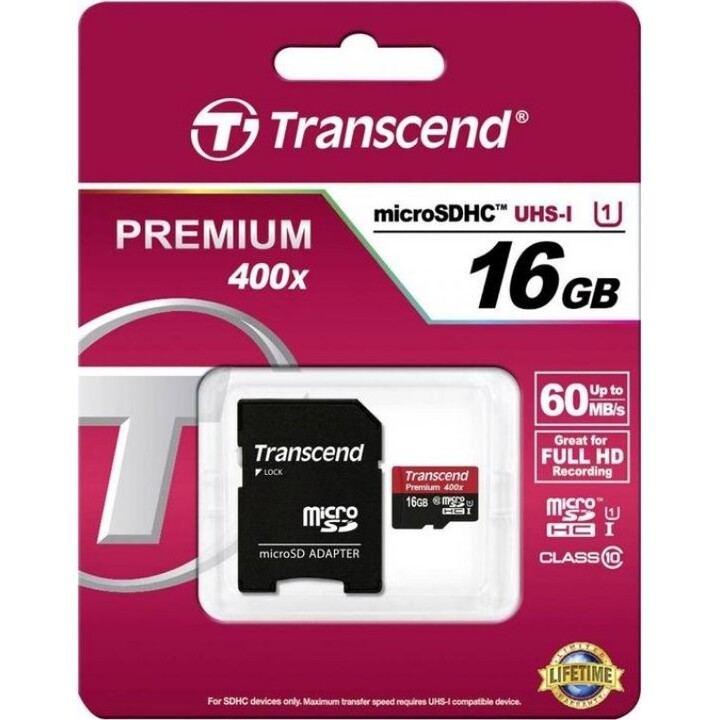 MicroSD Card 16GB Transcend SDHC UHS1 com adaptador