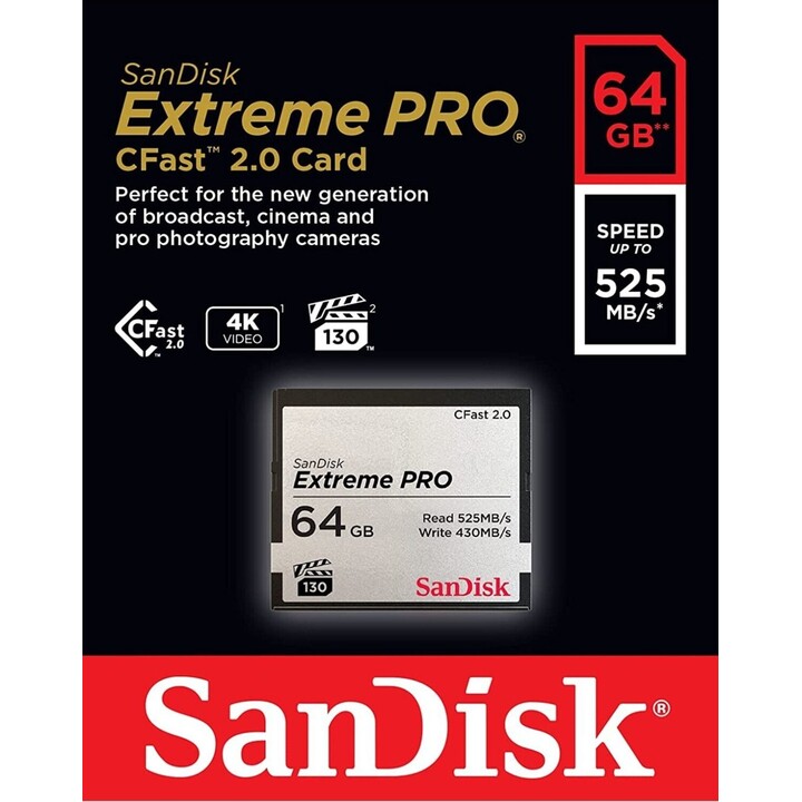 Sandisk Extreme Pro CFast 2.0 Card 64GB, 525 MB/s, 430 MB/s