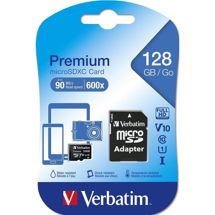 Carte mémoire MicroSDXC 90 Mo/s Verbatim Premium 128 Go + Adaptateur