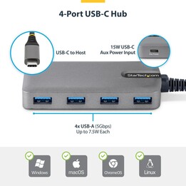 StarTech 5G4AC-USB-C-HUB 4-Port USB-C Hub 5Gbps 4xUSB-A 1xUSB-C Aux Power Gray