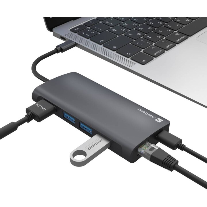 Adattatore multiporta da USB-C a 3X USB 3.0 8 in 1, HDMI 4K, USB-C, RJ45, SD, Micro SD Natec Fowler 2 V2