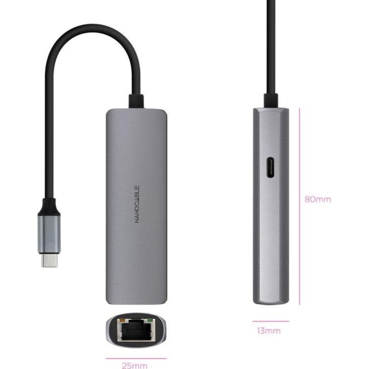 Nanocable 10.16.4603 USB-C 3.1 to RJ45 adapter with PD 100W and 18 cm gray cable