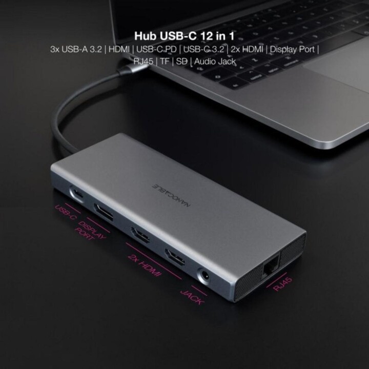 Hub USB-C Nanocavo 10.16.4612 12 in 1 3xUSB-A 3.2 2xHDMI 4K60Hz DP RJ45 Lettore SD/TF Audio PD 100W