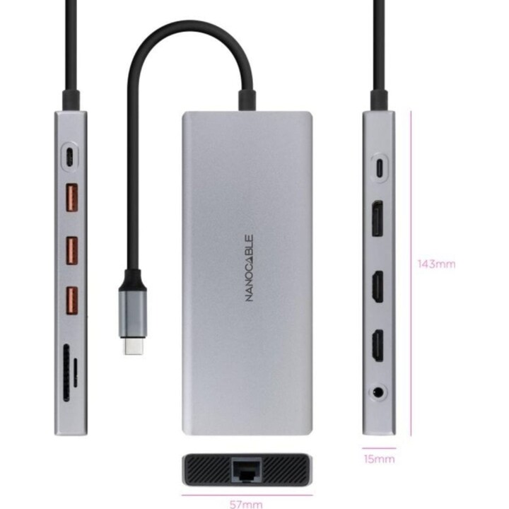 Hub USB-C Nanocavo 10.16.4612 12 in 1 3xUSB-A 3.2 2xHDMI 4K60Hz DP RJ45 Lettore SD/TF Audio PD 100W