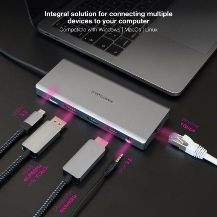 Hub USB-C Nanocavo 10.16.4612 12 in 1 3xUSB-A 3.2 2xHDMI 4K60Hz DP RJ45 Lettore SD/TF Audio PD 100W