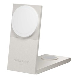 Native Union Rise Carregador sem fio USB 3 em 1 Qi2 para smartphone, cinza claro, para uso interno.