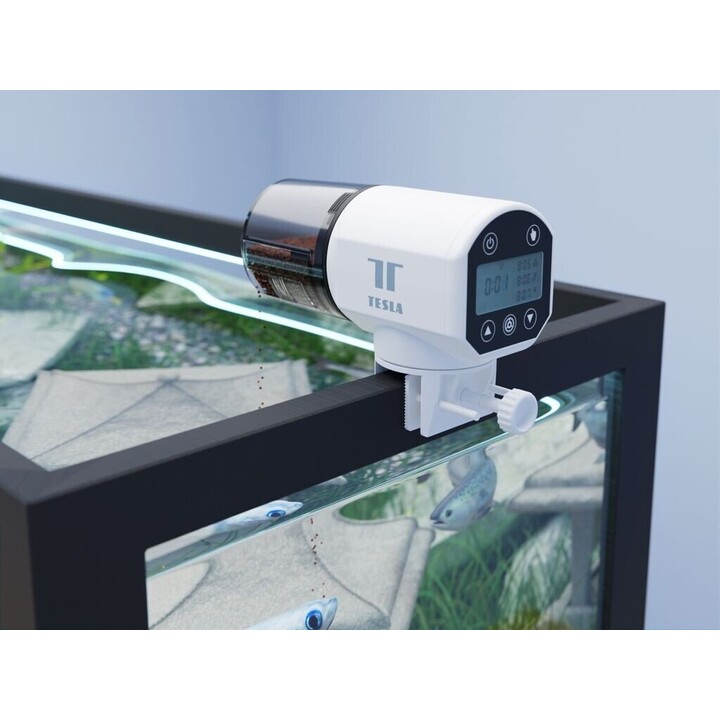 Tesla TSL-PC-059DW Futterautomat für Aquarien, Weiß/Schwarz
