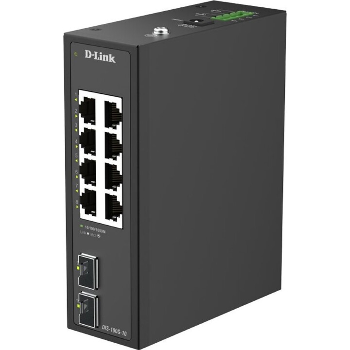 D-Link DIS-100G-10 Conmutador industrial no gestionado Gigabit de 10 puertos 8xGE 2xSFP DIN Rail IP40 -40~75°C 20Gbps Fanless DC