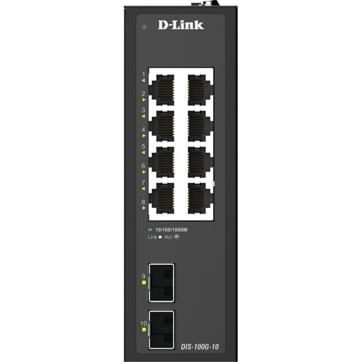 D-Link DIS-100G-10 Conmutador industrial no gestionado Gigabit de 10 puertos 8xGE 2xSFP DIN Rail IP40 -40~75°C 20Gbps Fanless DC
