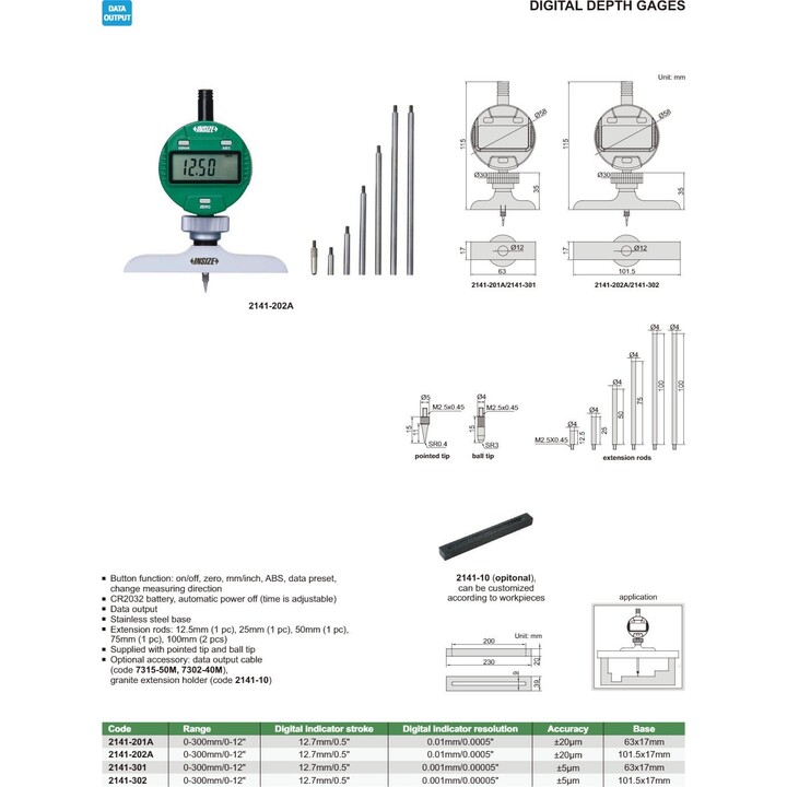 Insize 2141-202A Profondimetro digitale Sensore di portata 300 mm/100 mm Risoluzione 0,01 mm IP54 LCD Uscita USB Dati SPC Precis