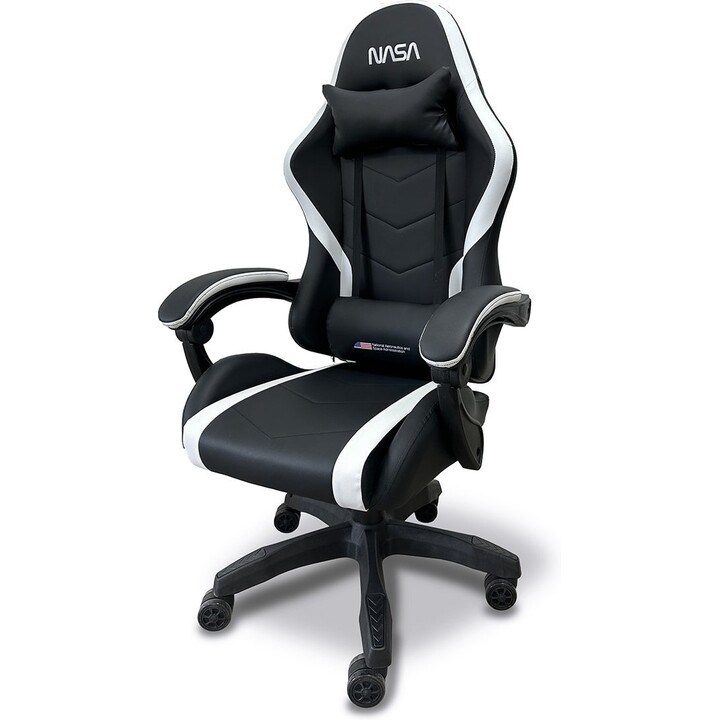 NASA Orion OR009-W Gaming Chair Ergonomischer Kunstlederstuhl Hohe Rückenlehne Verstellbares Lendenkissen 2D-Arme 90-180° Neigun