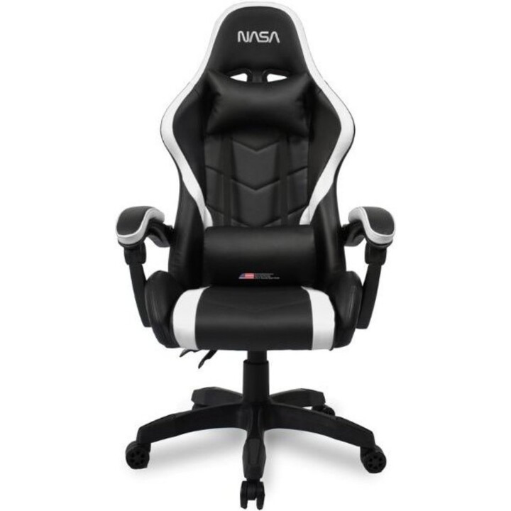 NASA Orion OR009-W Gaming Chair Ergonomischer Kunstlederstuhl Hohe Rückenlehne Verstellbares Lendenkissen 2D-Arme 90-180° Neigun