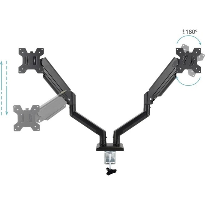 Support de table à double écran TooQ, rotation à 360°, pivotant à gaz, acier noir