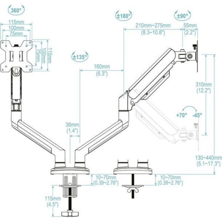TooQ DB1434TNR-W Dual-Monitor-Tischhalterung/ Schwenkbar/ Neigbar/ Bis zu 10kg