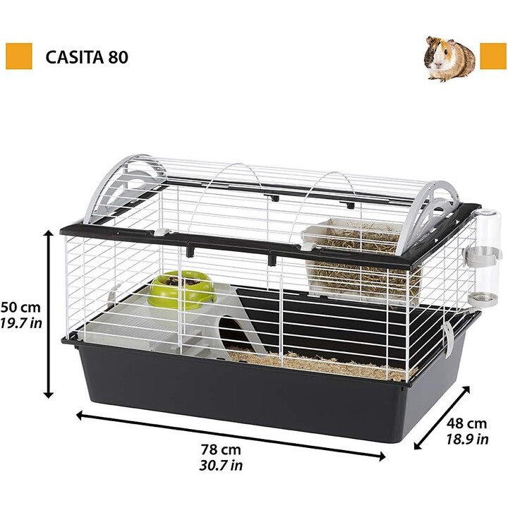 Gabbia per conigli Ferplast 80, scala anteriore, clip di sicurezza, 78 x 48 x 50 cm, nero / bianco