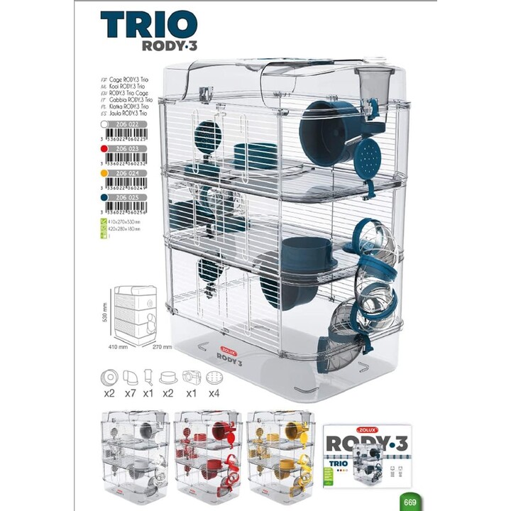 Zolux Rody3 Trio, jaula para roedores 43 x 20 x 31 cm, Blanco