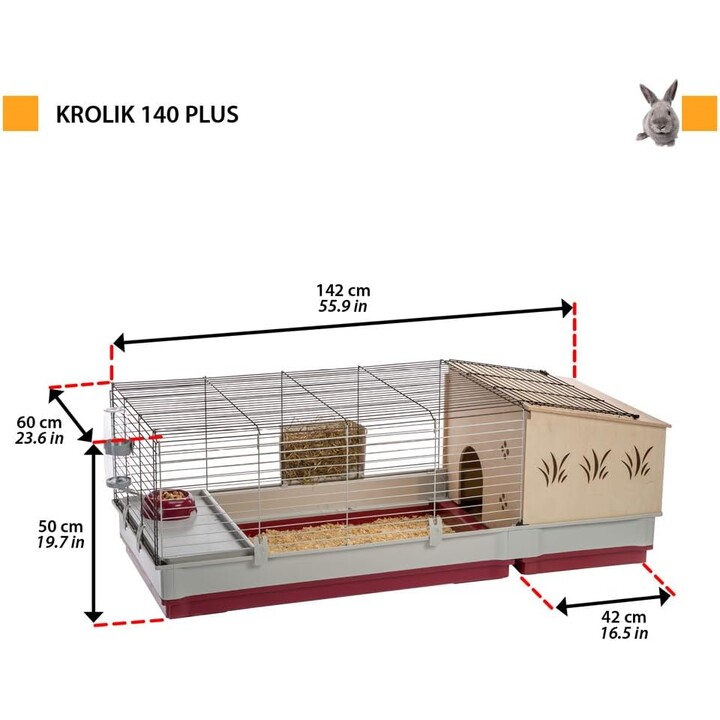 Ferplast cage à lapin KROLIK 140 Plus, cage en bois amovible, 142 x 60 x h 50 cm, Beige / Brown