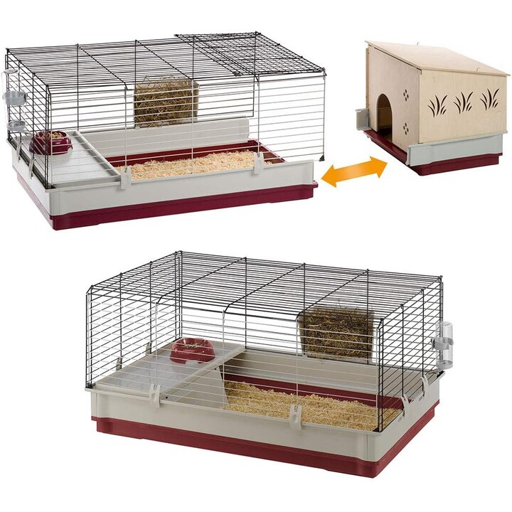 Jaula para conejos Ferplast KROLIK 140 Plus, Casa de madera desmontable, 142 x 60 x h 50 cm, Beige / Marrón