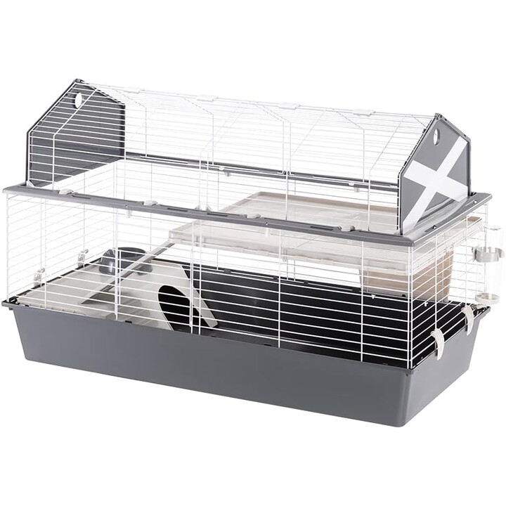 Jaula para conejos Ferplast Barn 120, Hábitat interactivo de 2 niveles, 119 x 58 x h 77 cm, Beige / Marrón