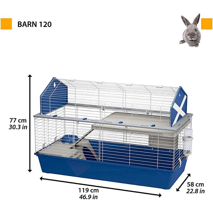 Jaula para conejos Ferplast Barn 120, Hábitat interactivo de 2 niveles, 119 x 58 x h 77 cm, Beige / Marrón