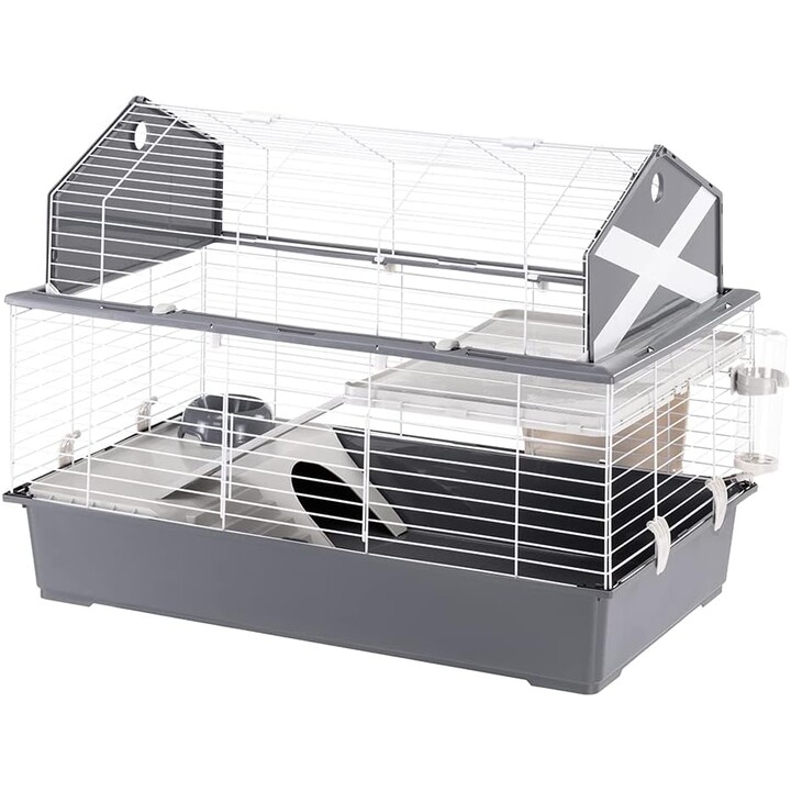 Gabbia per conigli Ferplast Barn 100, habitat interattivo su 2 livelli, 96 x 57 x h 73 cm, grigio