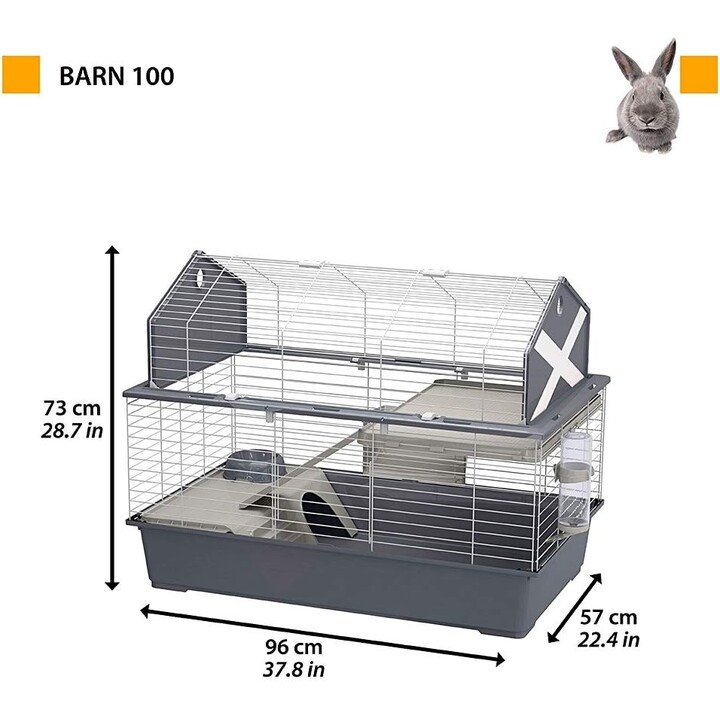 Gabbia per conigli Ferplast Barn 100, habitat interattivo su 2 livelli, 96 x 57 x h 73 cm, grigio