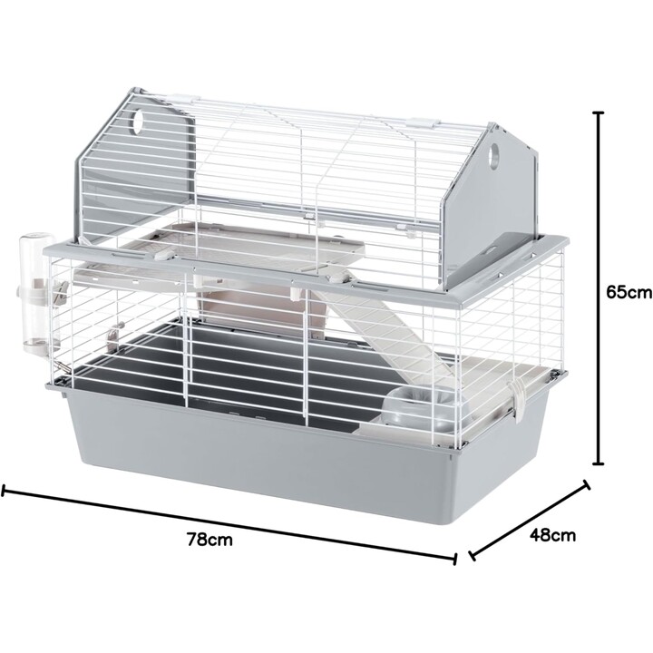 Ferplast Cage à lapins Barn 80, 2 niveaux, toit ouvrant, 78 x 48 x h 65 cm, gris