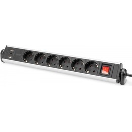 Ciabatta per ufficio a 6 vie con 3 porte USB - Alloggiamento in alluminio - Nero/Argento
