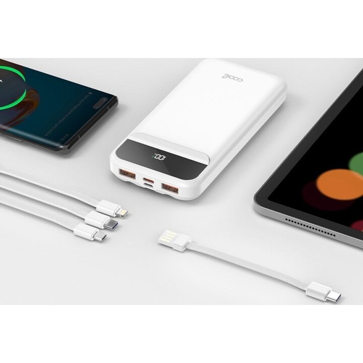 Cool Power Bank Bateria Externa 10.000 mAh Carregamento Rápido 22,5 W 3 Cabos Branco