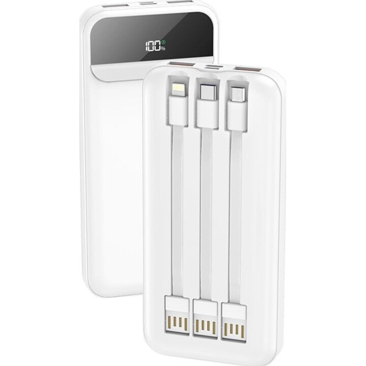 Cool Power Bank Bateria Externa 10.000 mAh Carregamento Rápido 22,5 W 3 Cabos Branco