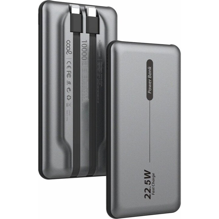 COOL Batterie Externe Universelle Power Bank 10 000 mAh PD 22,5W (2 câbles) Gris